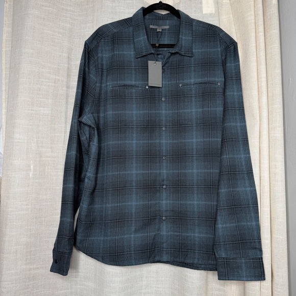 John Varvatos Other - NWT John Varvatos Dario Shirt Plaid Snap Button Cotton Titanium Blue Men's XL